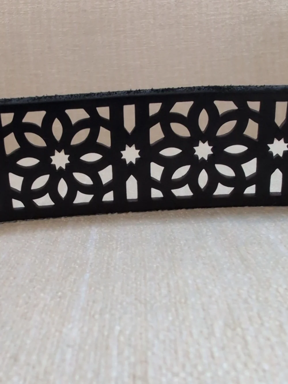 Black Laser-Cut Floral Leather Belt Silver Buckle Adjustable